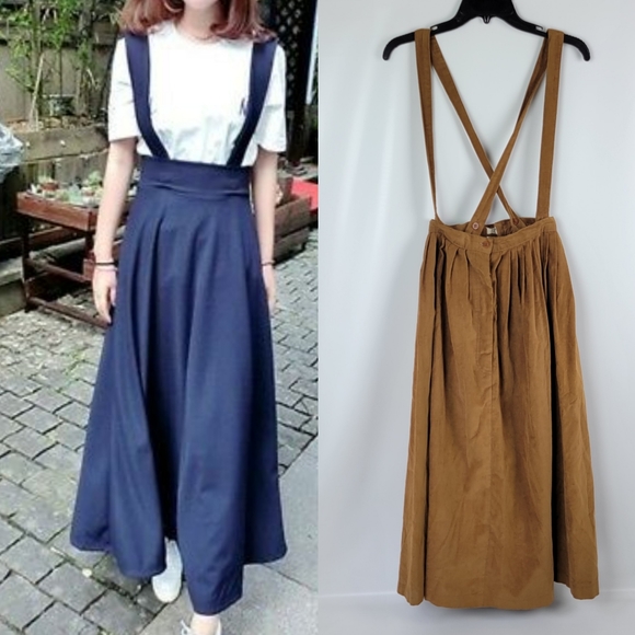 Vintage Dresses & Skirts - Vintage Cassidy Corduroy Pleated Full Skirt With Suspenders Straps